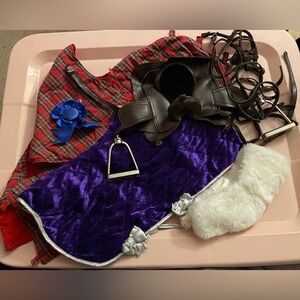 Battat Horse Accessory Set Lot 7 pcs Saddle Bridle Blankets Ribbon Fits OG AG